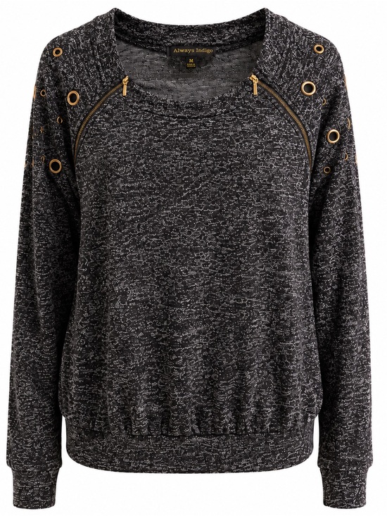 always indigo Tops - Always Indigo Women's Black Marled Long Sleeve Zip-Accent Sweatshirt